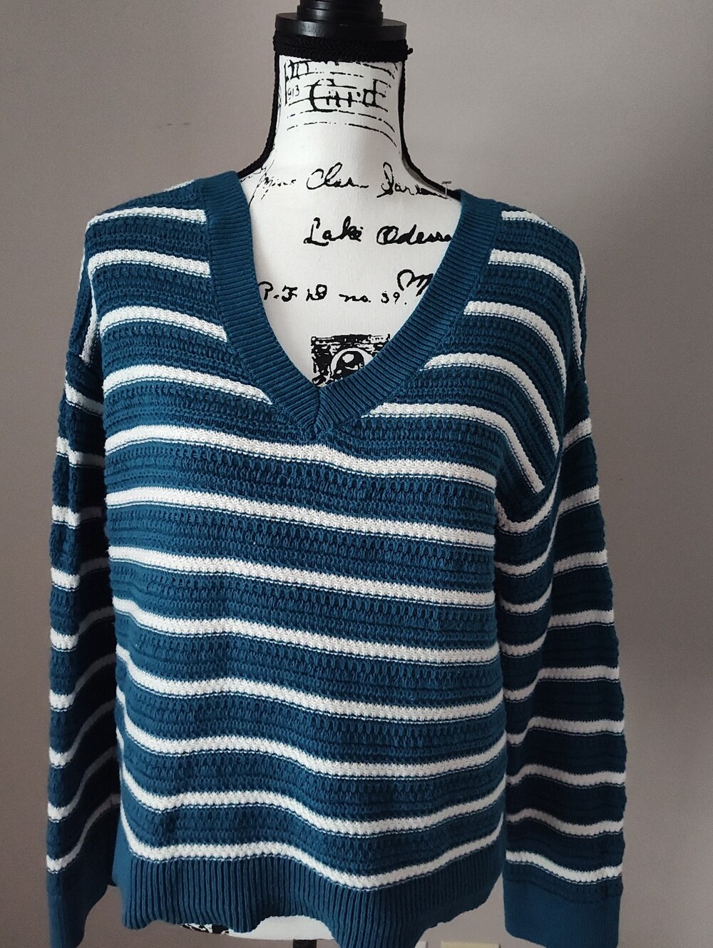 LOFT Petite Striped Stitchy V-neck Sweater